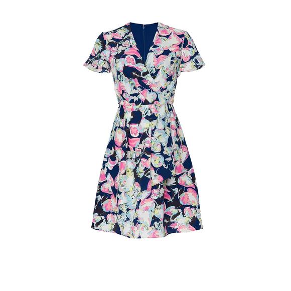 Slate & Willow Mini Dress Women's 8 Blue Silk Mixed Floral Printed Faux Wrap RTR - Picture 12 of 13